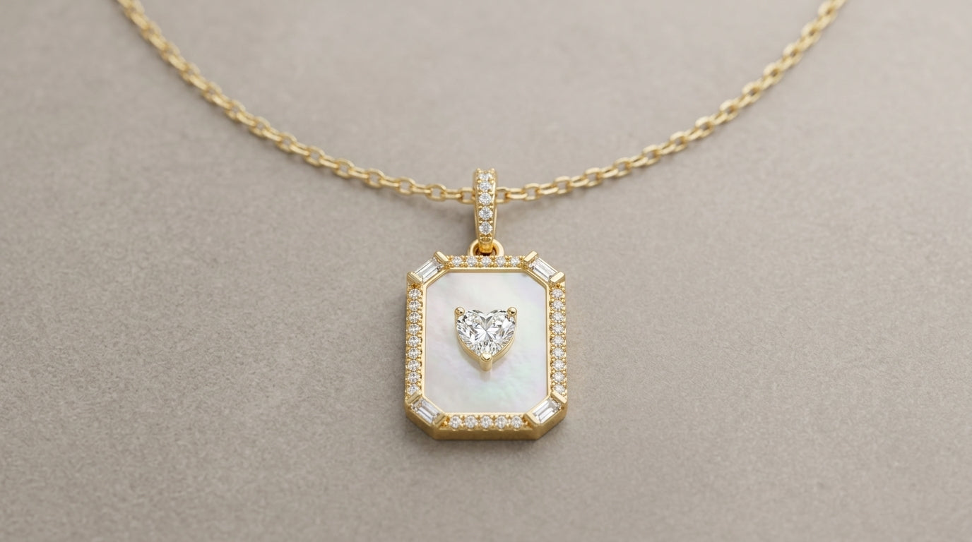 Mother of Pearl Heart CZ Pendant Necklace – Gold Plated