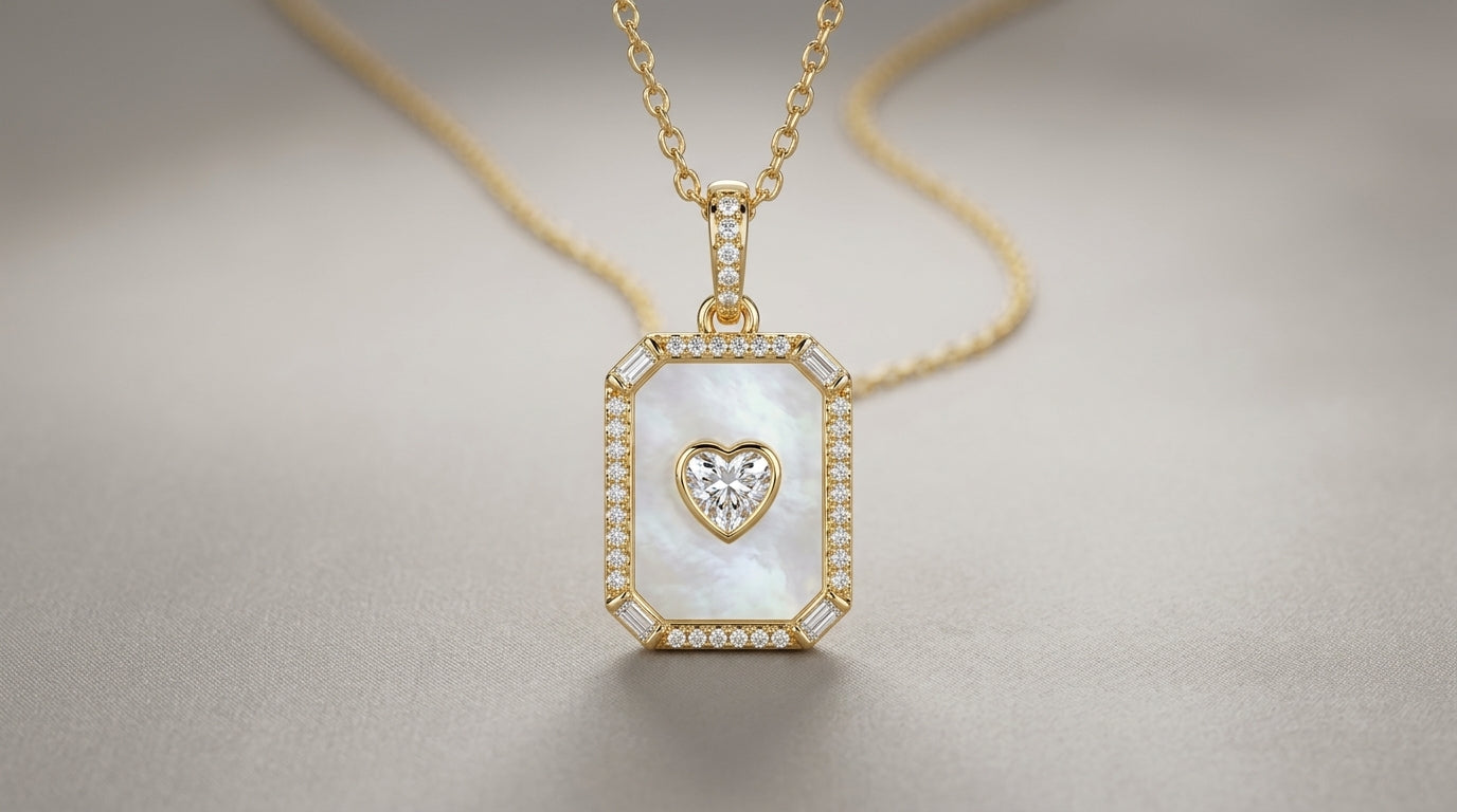 Mother of Pearl Heart CZ Pendant Necklace – Gold Plated