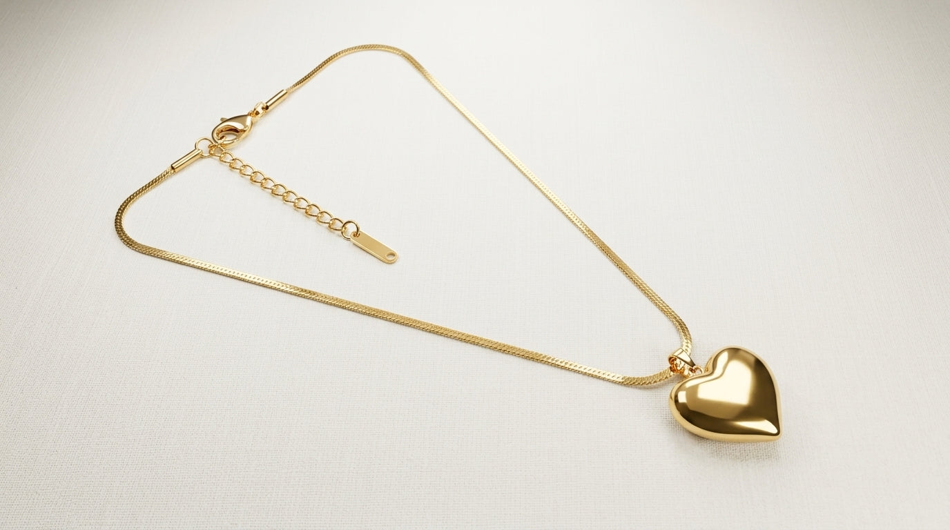 Puffy Heart Pendant Necklace – Gold Snake Chain