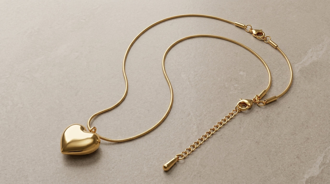 Puffy Heart Pendant Necklace – Gold Snake Chain