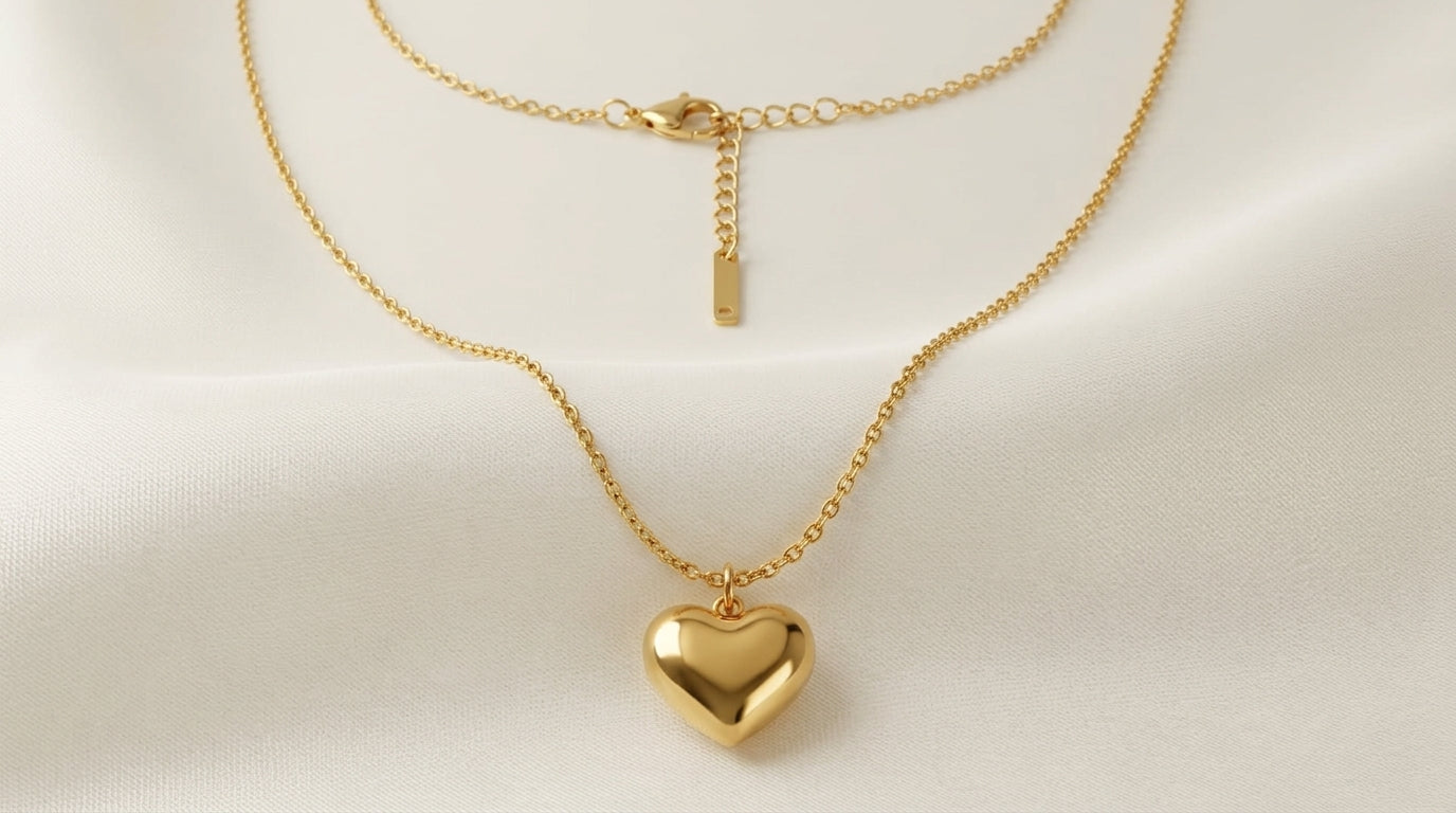 Puffy Heart Pendant Necklace – Gold Snake Chain