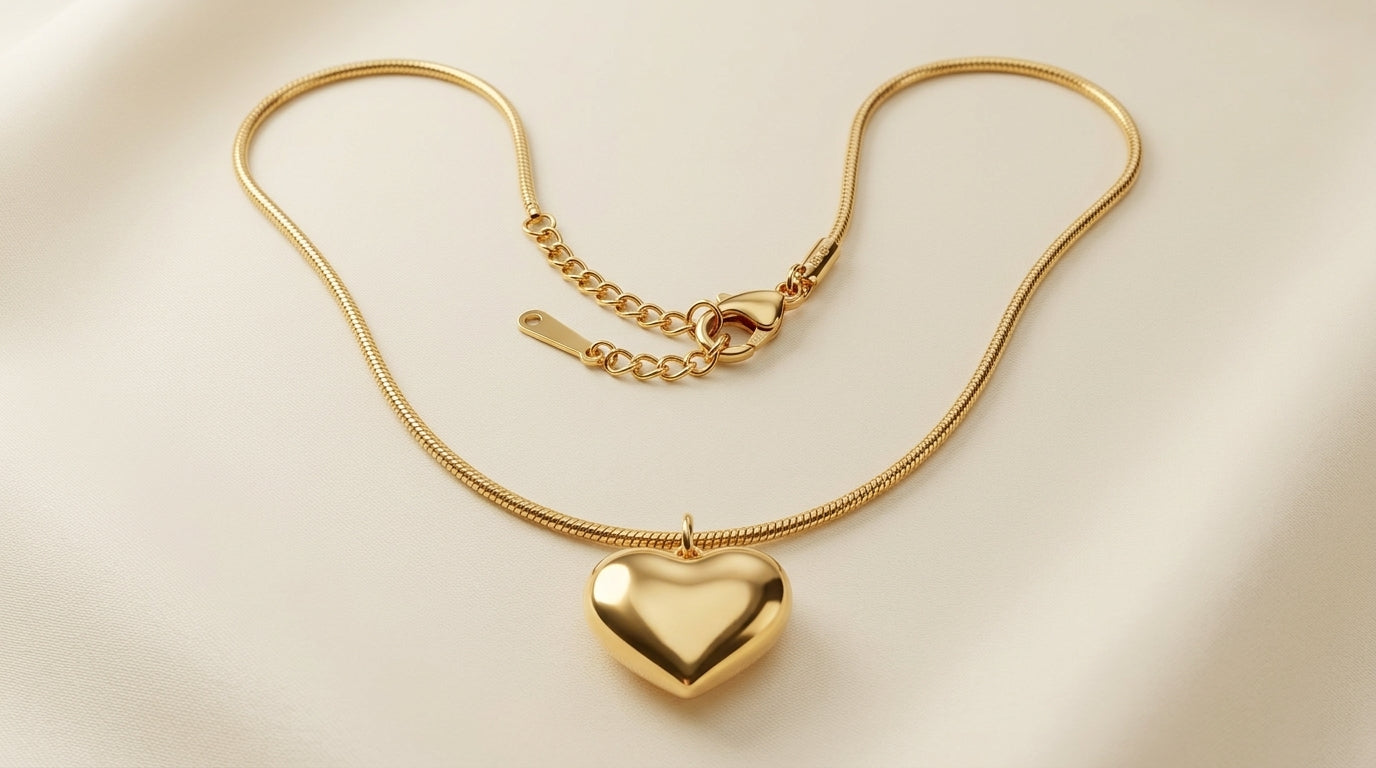 Puffy Heart Pendant Necklace – Gold Snake Chain