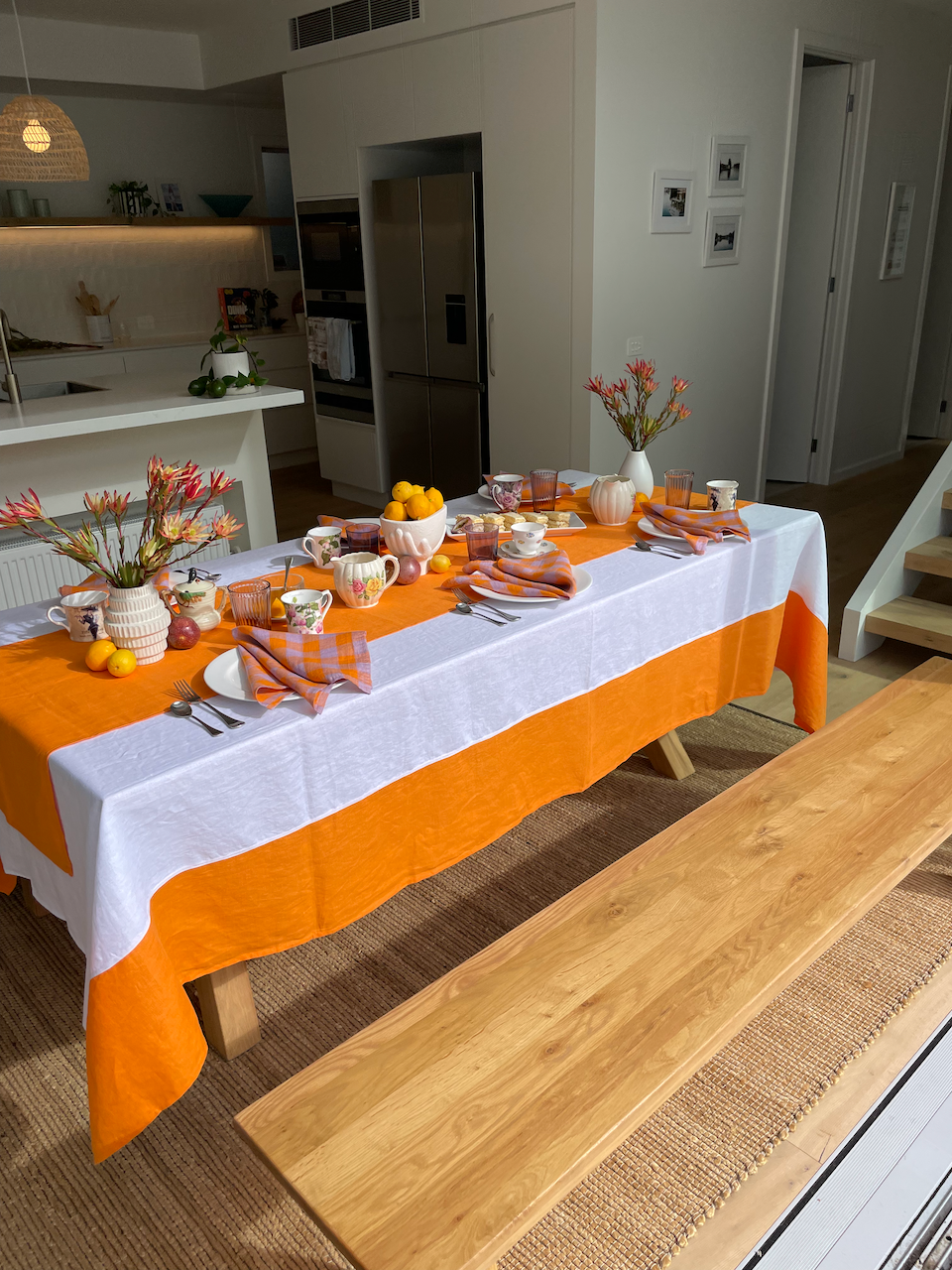 White with Orange Border Linen Table Cloth-1