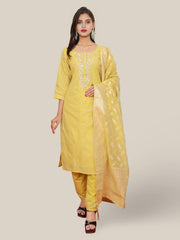 Silk Straight Kurti with Embroidery, Paired with Pant and Dupatta-0