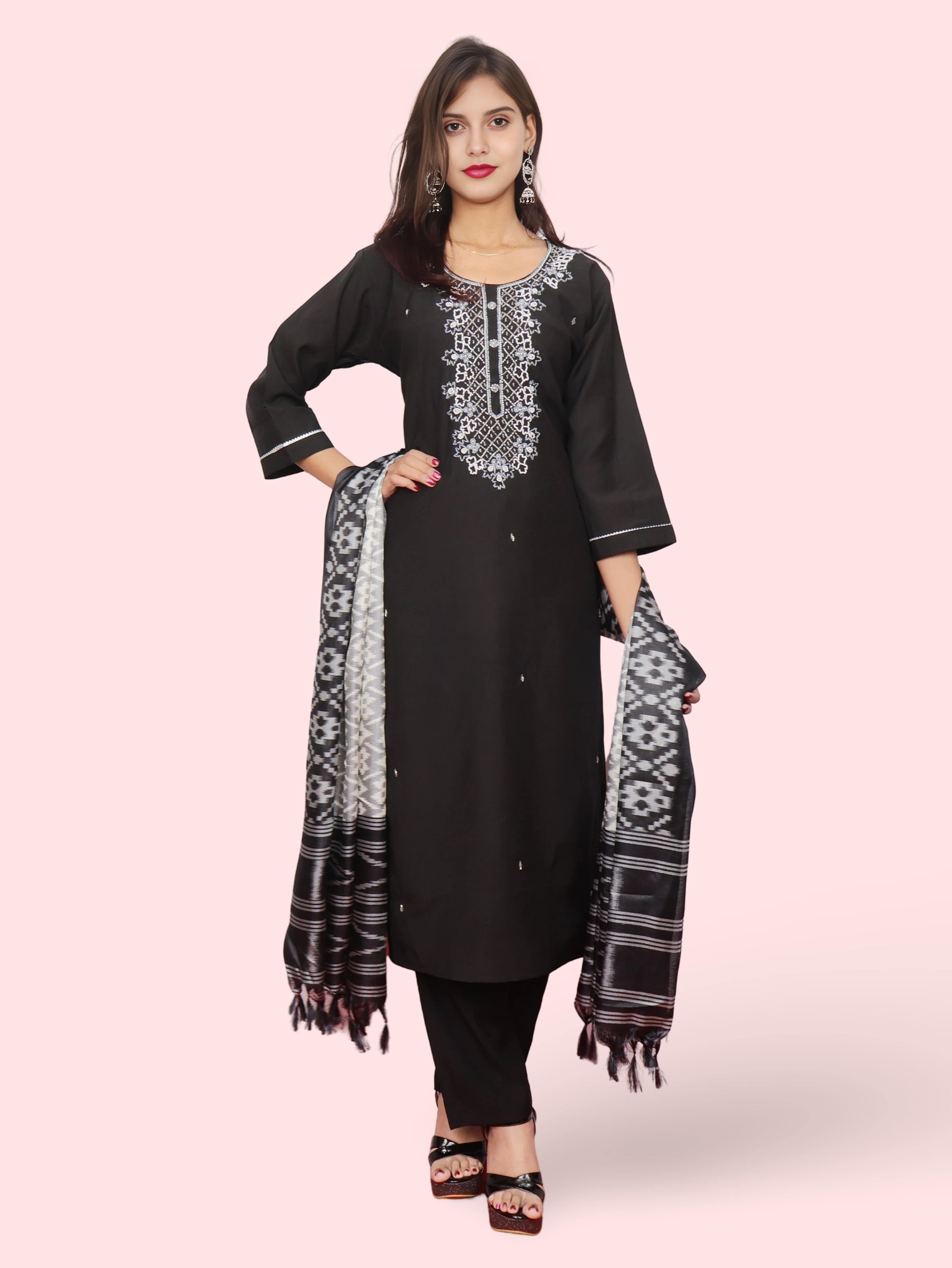 Woman Straight Suit Set with Pant-Dupatta-0