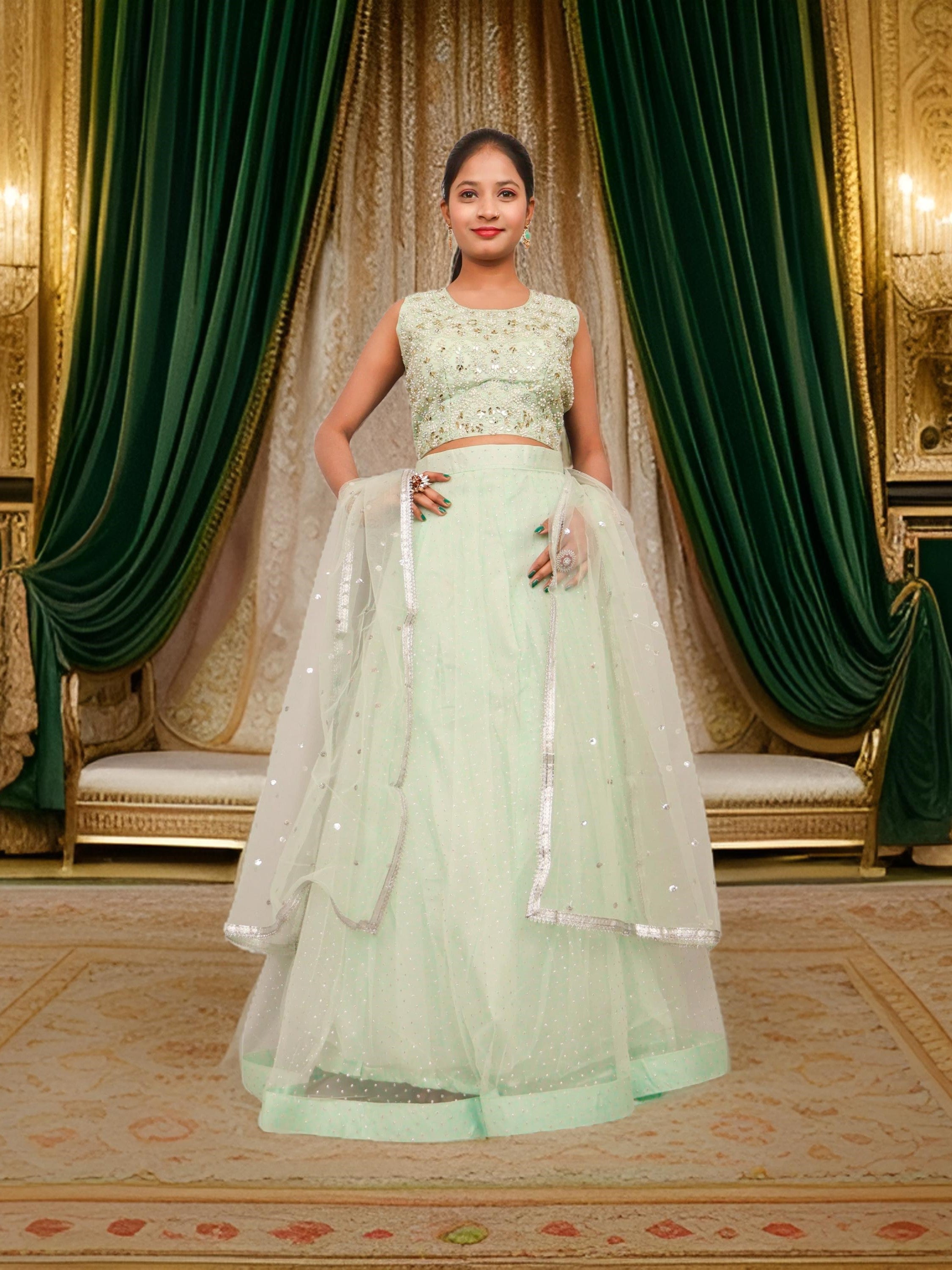 Lehenga Choli Set with Golden Mirror Stone & Pearl Work by Shreekama