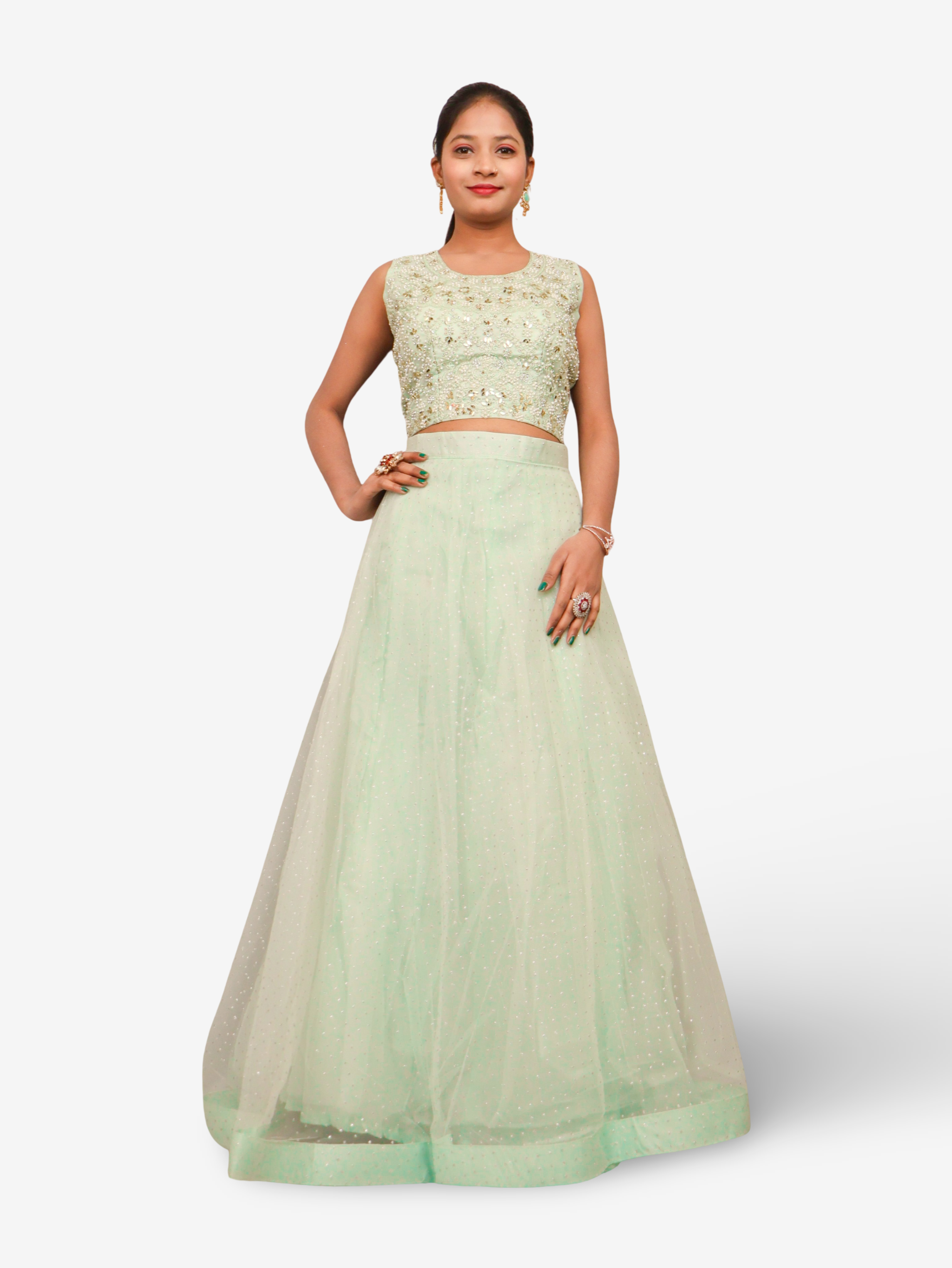 Lehenga Choli Set with Golden Mirror Stone & Pearl Work by Shreekama