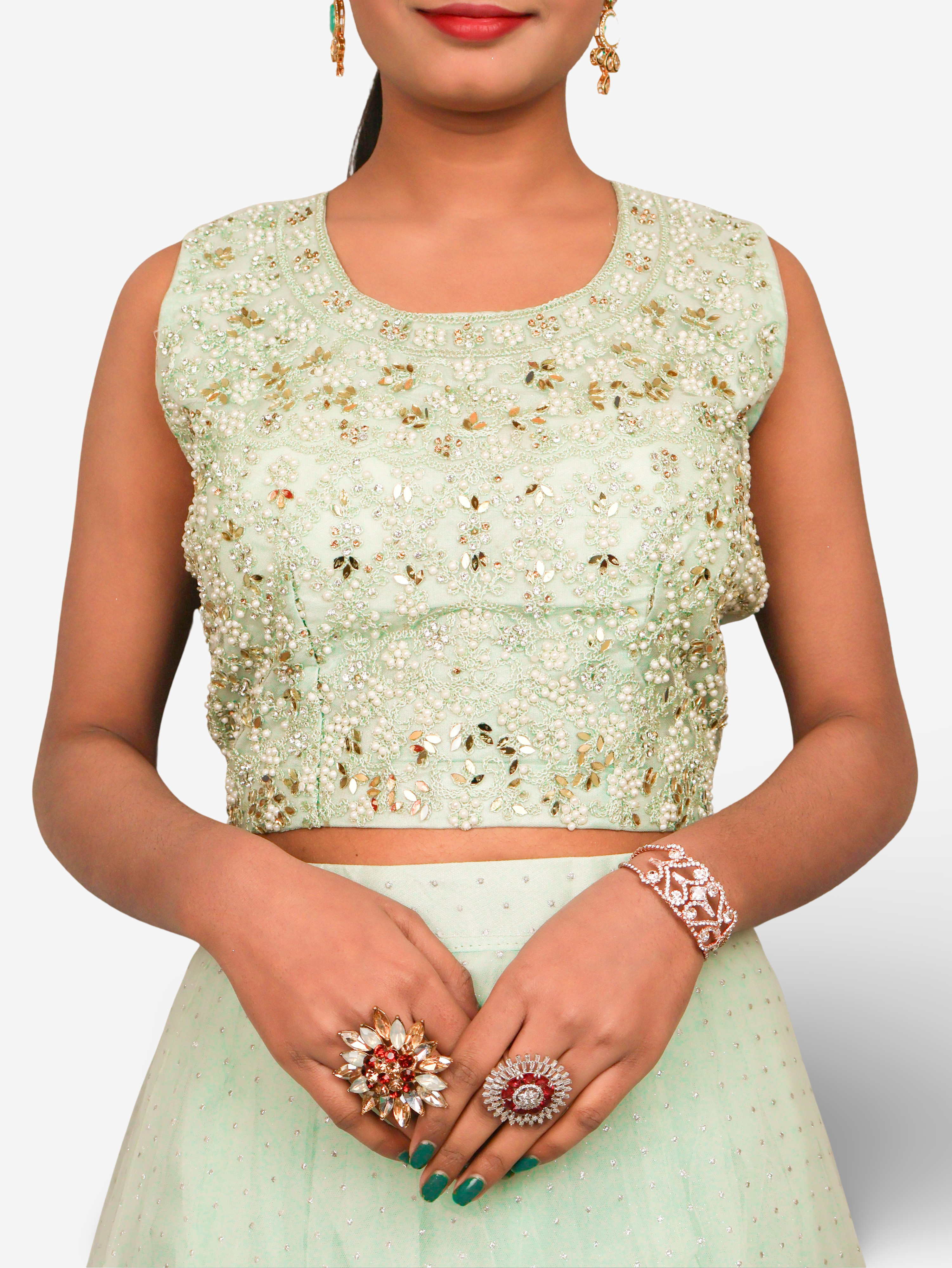 Lehenga Choli Set with Golden Mirror Stone & Pearl Work by Shreekama