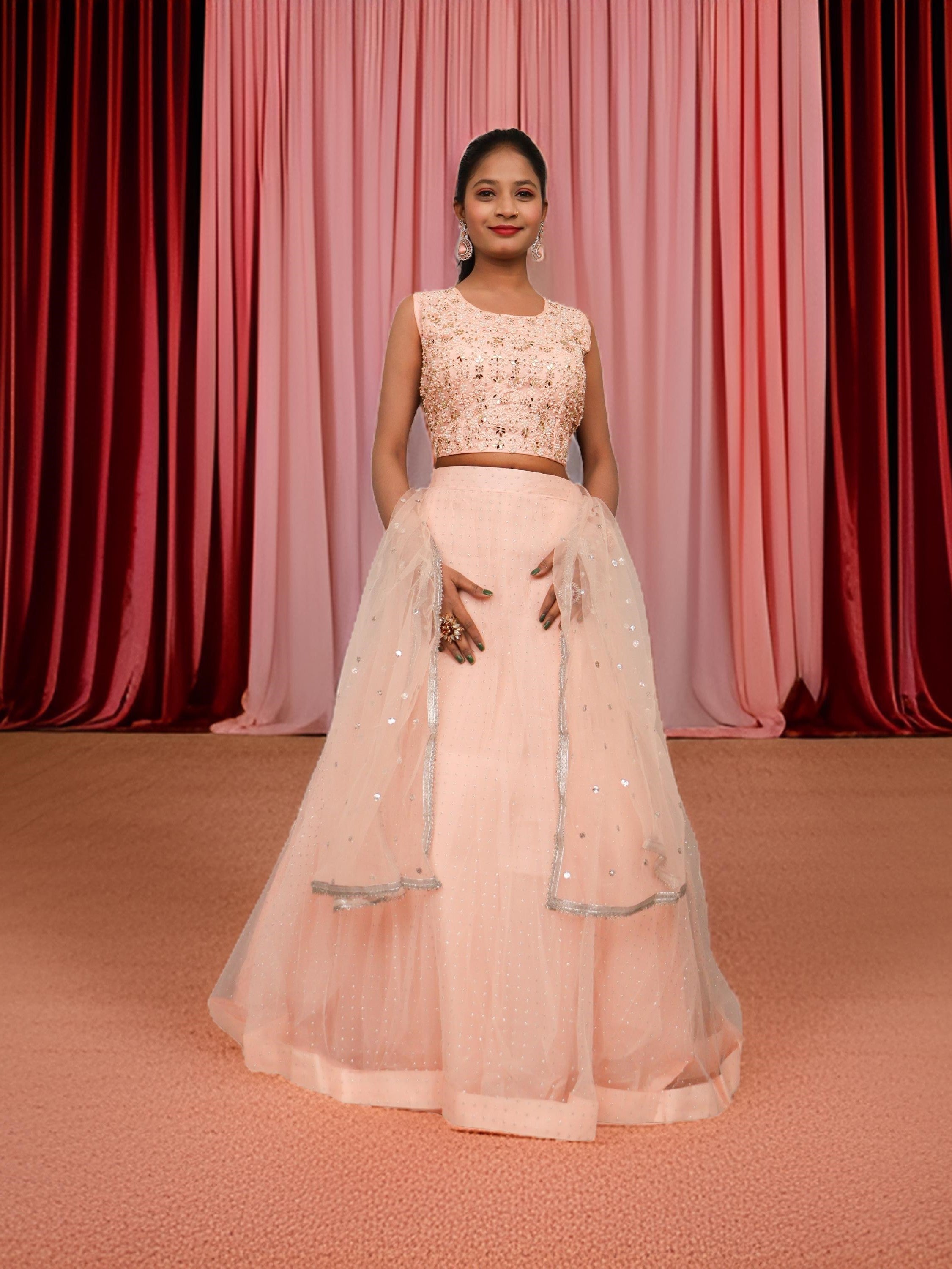Lehenga Choli Set with Golden Mirror Stone & Pearl Work by Shreekama