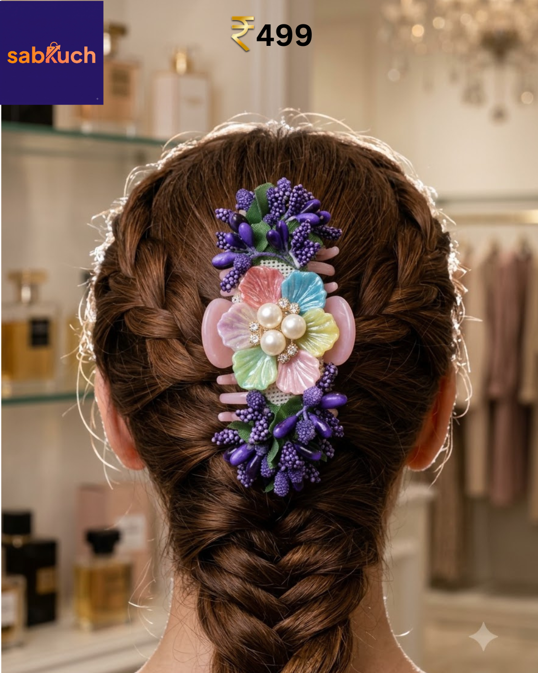 Pastel Rainbow Floral Hair Comb – Pearl & CZ Centre with Purple Iris & Lavender Berry