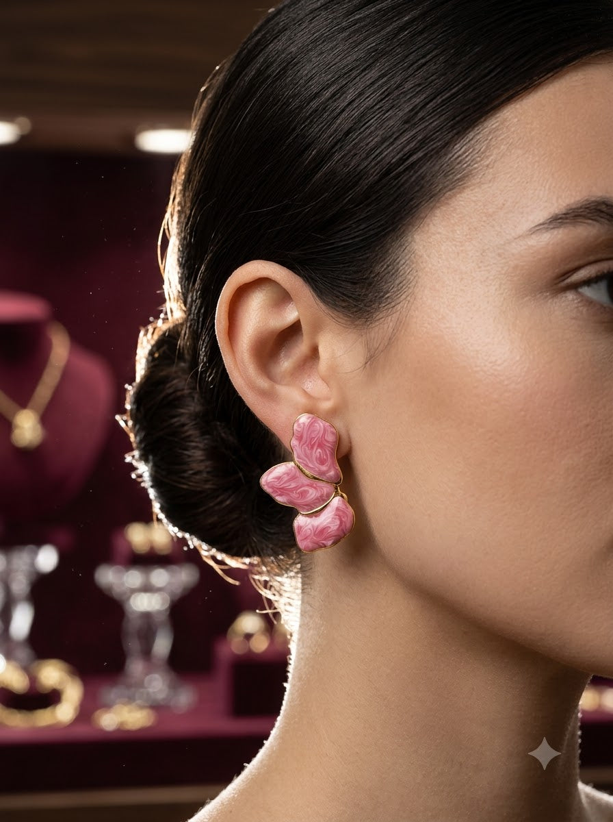 Pink Marbled Enamel Butterfly Stud Earrings – Gold Edge
