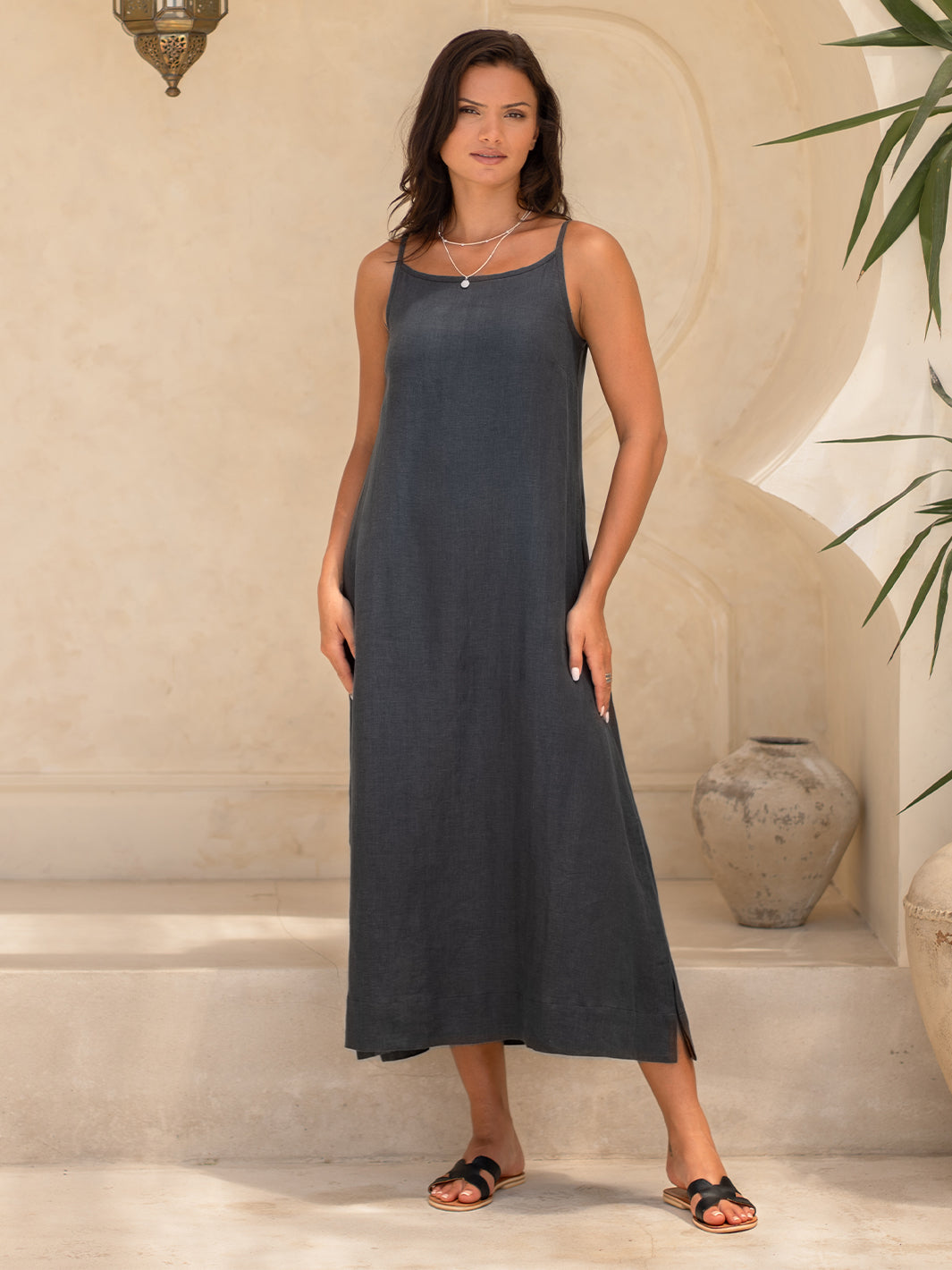 Charcoal Grey Linen Midi Dress with Side Slits (syncee)-4