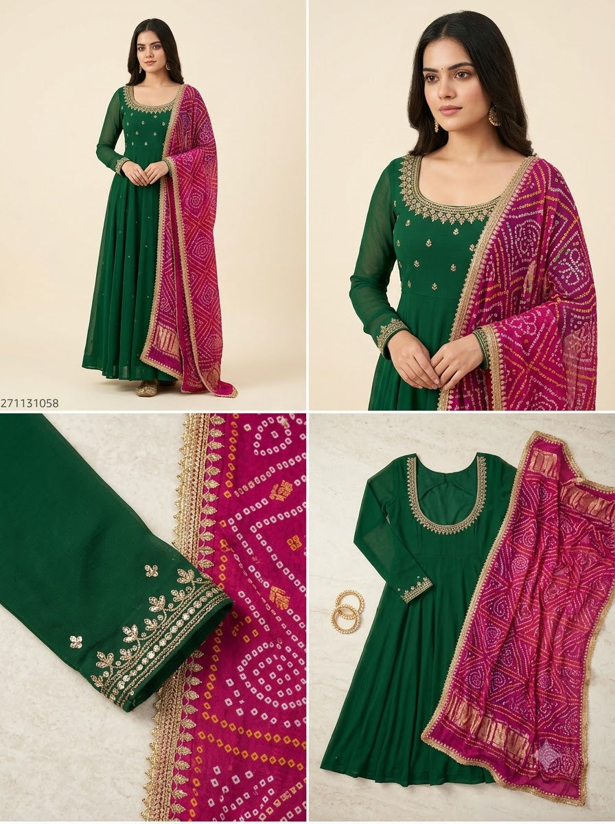 Women'S Solid Georgette Gown Kurta With Dupatta, Long Kurti Ethnic Dress Set For All Occasions