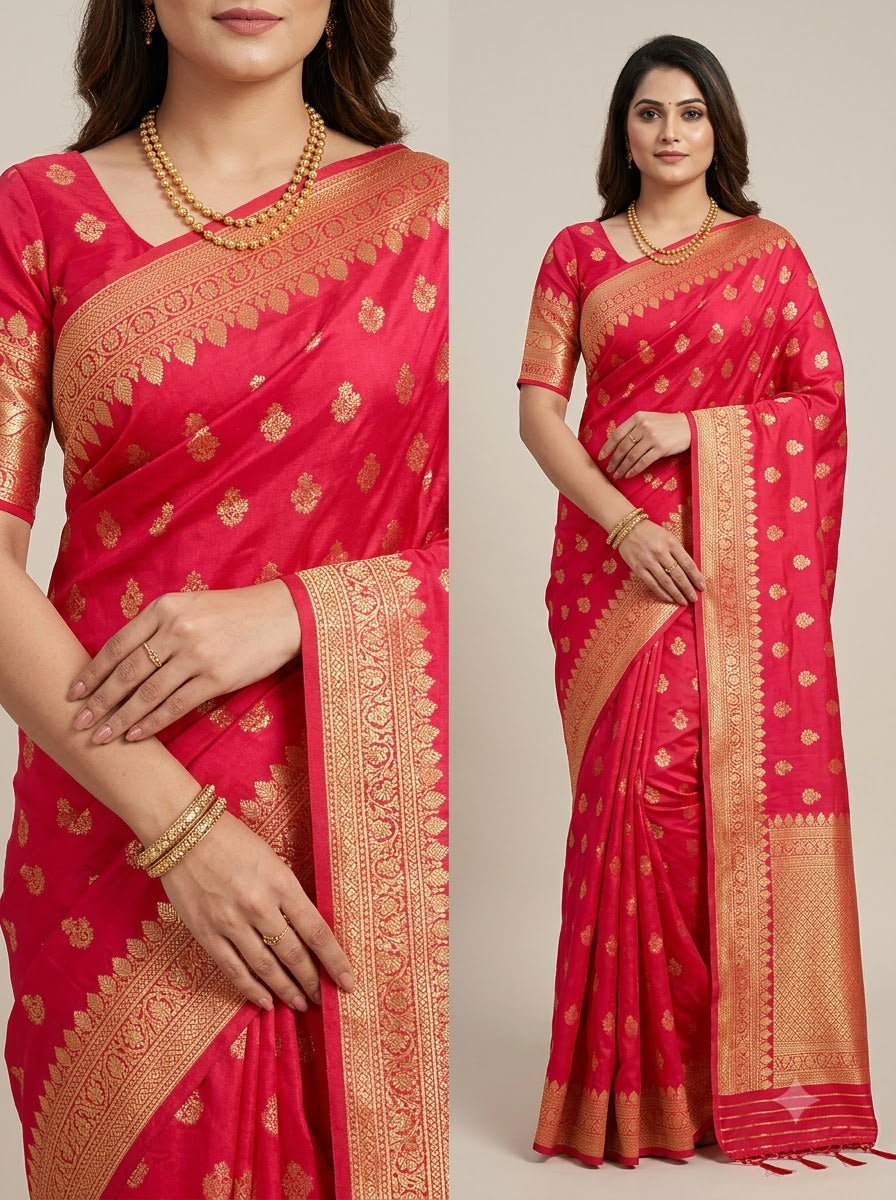 Banarasi Silk Saree With Blouse For Women (Dark Purple, 6.3M)