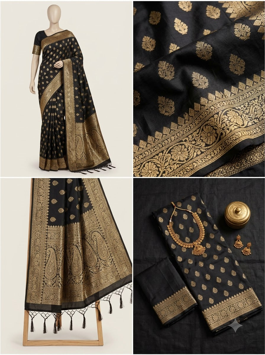 Banarasi Silk Saree With Blouse For Women (Dark Purple, 6.3M)
