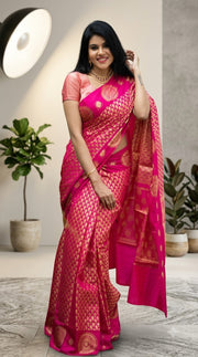 Jacquard Saree With Blouse For Women (Pink, 6.3M)