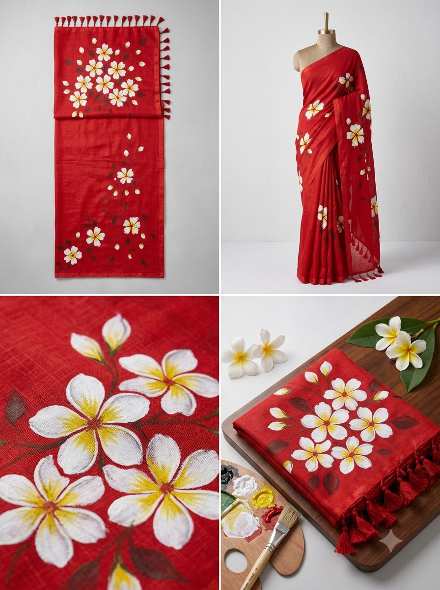 Scarlet Blossom Premium Mull Cotton Handprint Saree