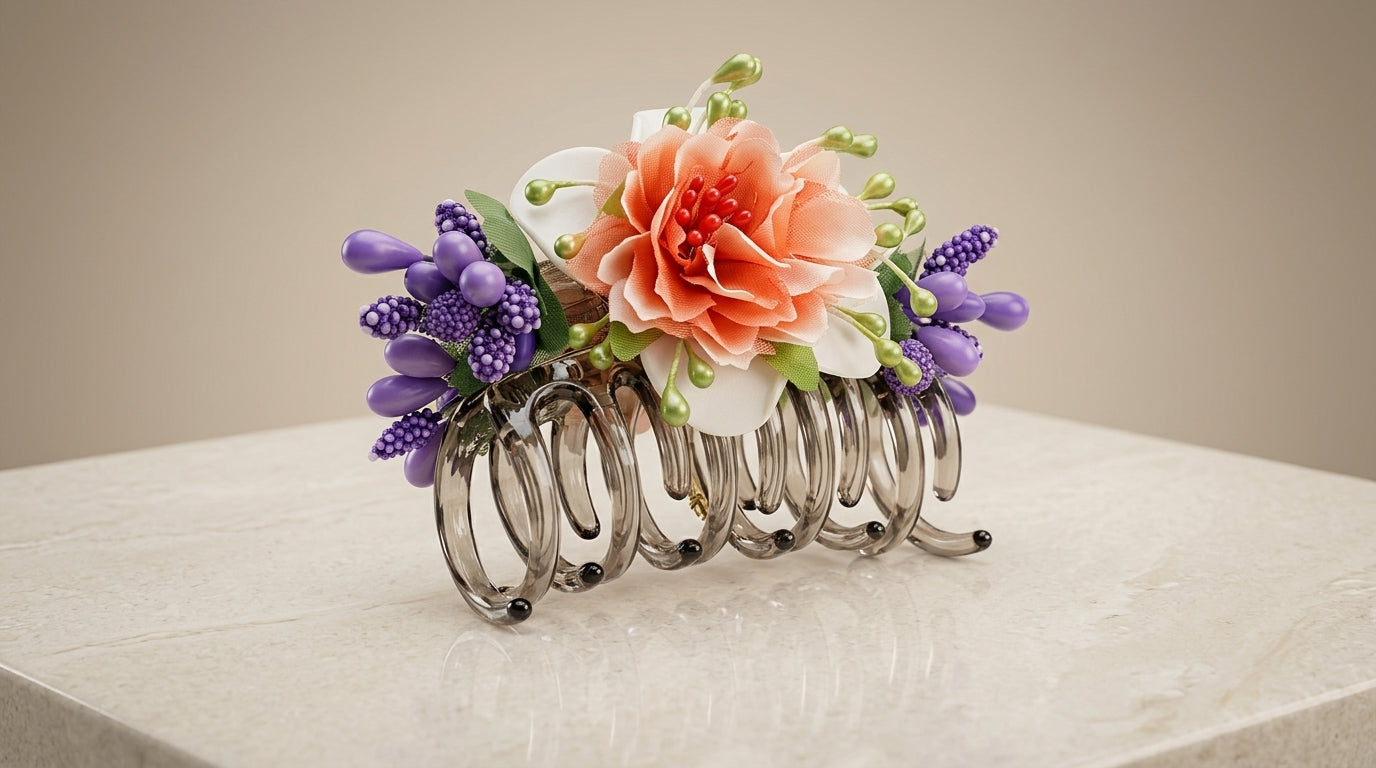 Floral Silver Hair Comb Clip – Coral Peony, White Magnolia & Blue Berry