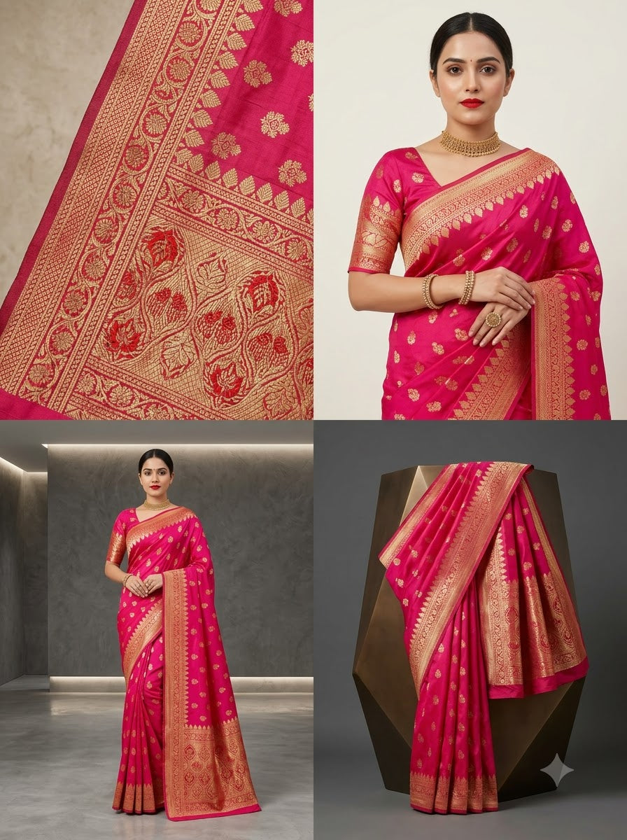 Banarasi Silk Saree With Blouse For Women (Dark Purple, 6.3M)