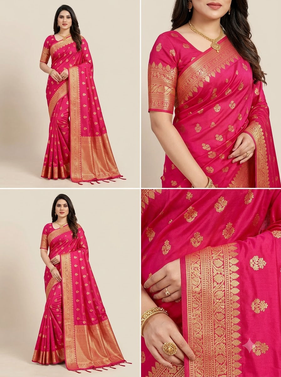 Banarasi Silk Saree With Blouse For Women (Dark Purple, 6.3M)