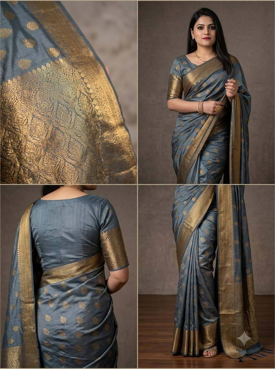Banarasi Silk Saree With Blouse For Women (Dark Purple, 6.3M)