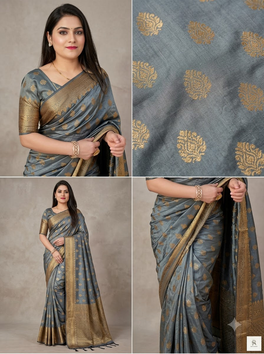 Banarasi Silk Saree With Blouse For Women (Dark Purple, 6.3M)