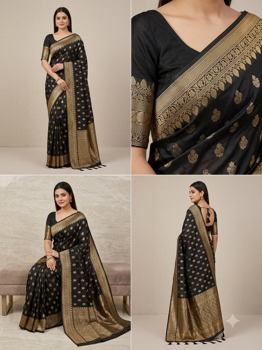 Banarasi Silk Saree With Blouse For Women (Dark Purple, 6.3M)