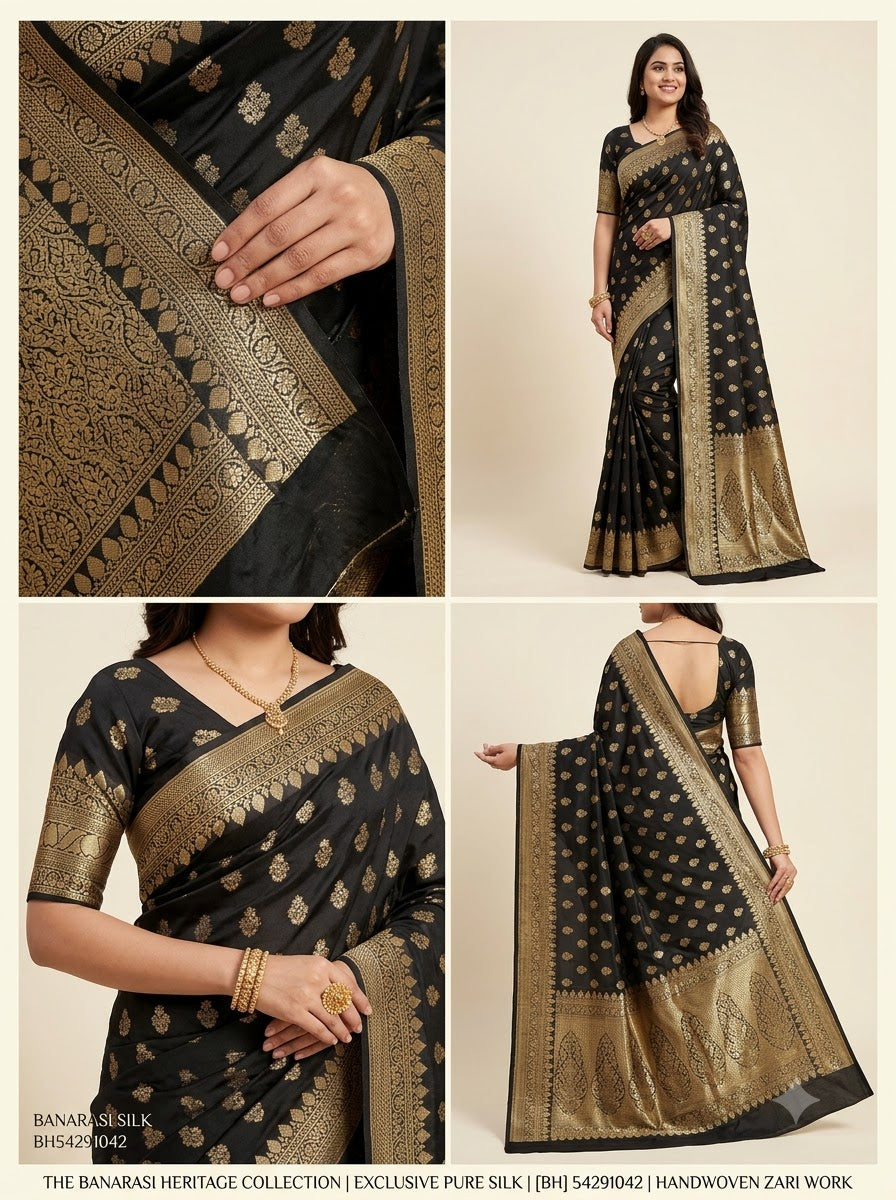 Banarasi Silk Saree With Blouse For Women (Dark Purple, 6.3M)