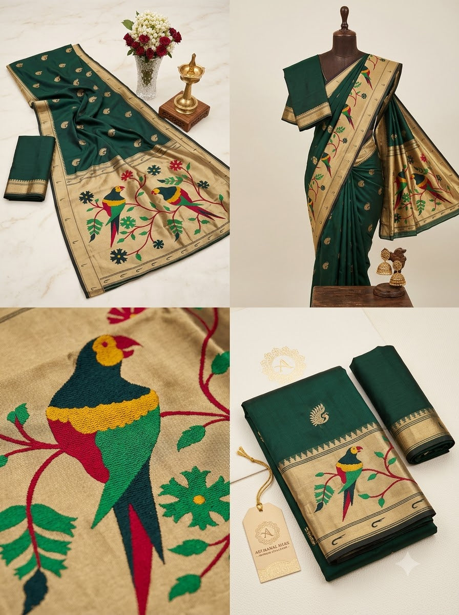 Banarasi Silk Saree With Blouse For Women (Green, 6.3M)