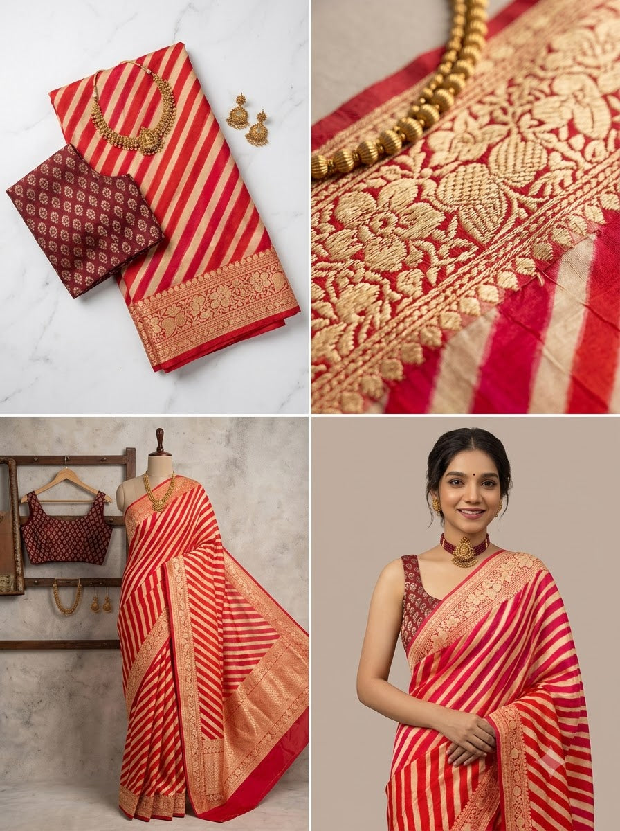 Jacquard Striped Saree for Women (Red, 6.3 m)