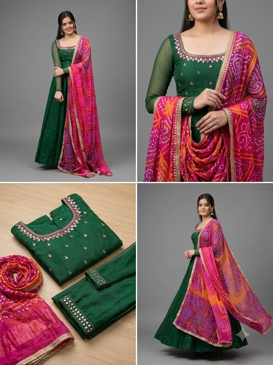 Women'S Solid Georgette Gown Kurta With Dupatta, Long Kurti Ethnic Dress Set For All Occasions