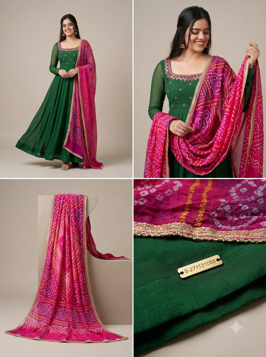 Women'S Solid Georgette Gown Kurta With Dupatta, Long Kurti Ethnic Dress Set For All Occasions