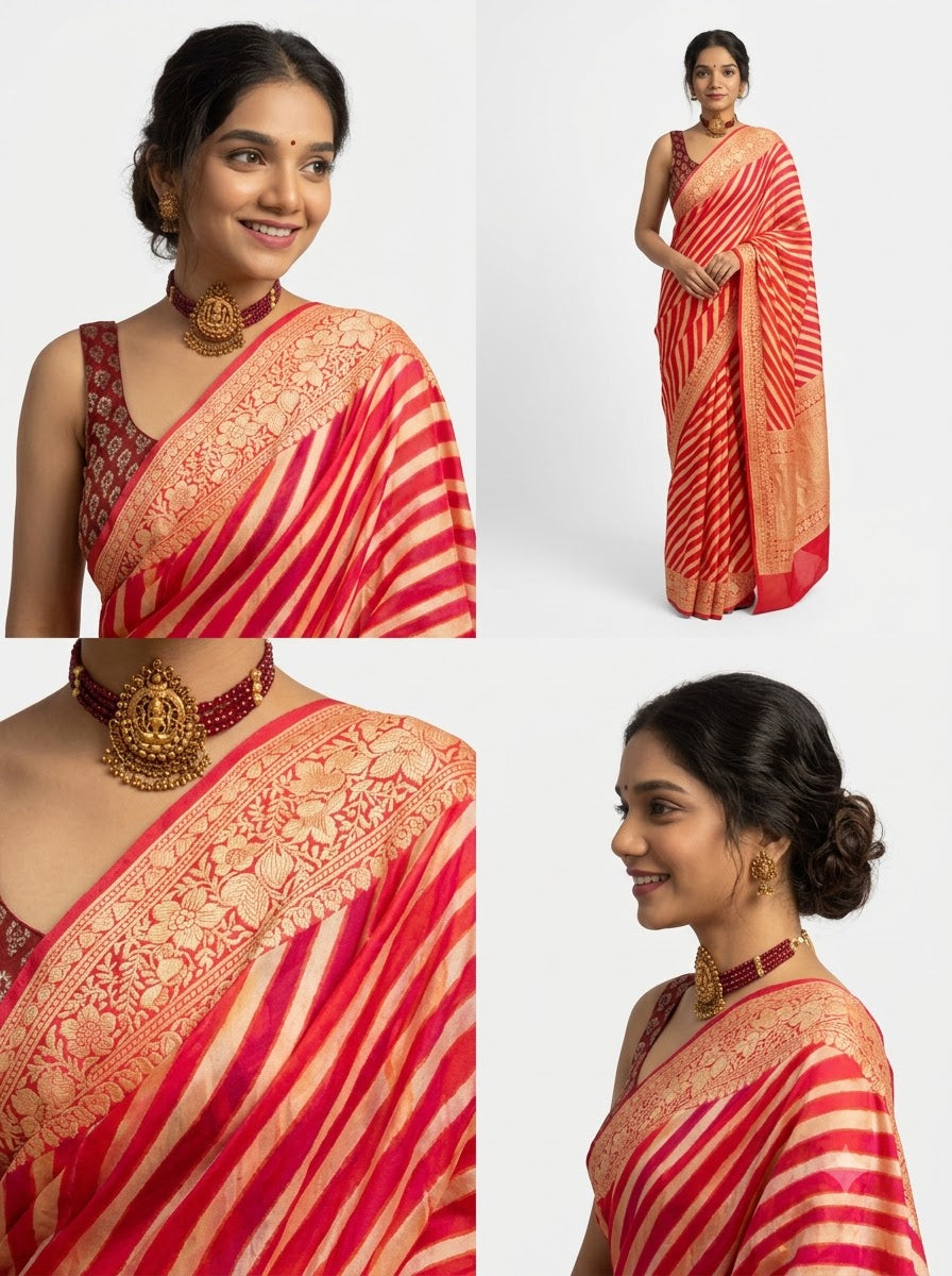 Jacquard Striped Saree for Women (Red, 6.3 m)