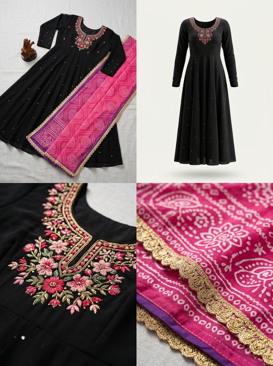 Women'S Solid Georgette Gown Kurta With Dupatta, Long Kurti Ethnic Dress Set For All Occasions