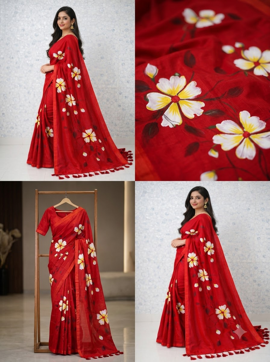 Scarlet Blossom Premium Mull Cotton Handprint Saree
