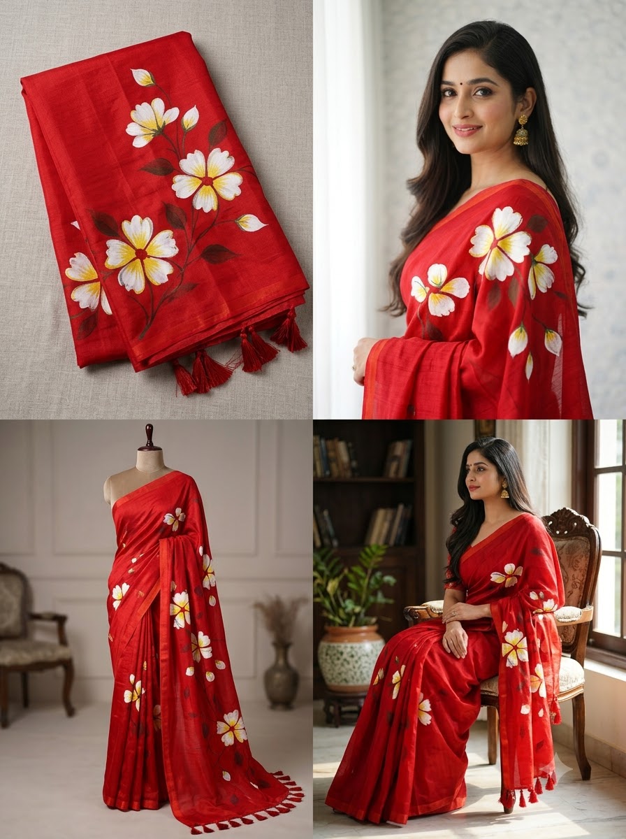 Scarlet Blossom Premium Mull Cotton Handprint Saree