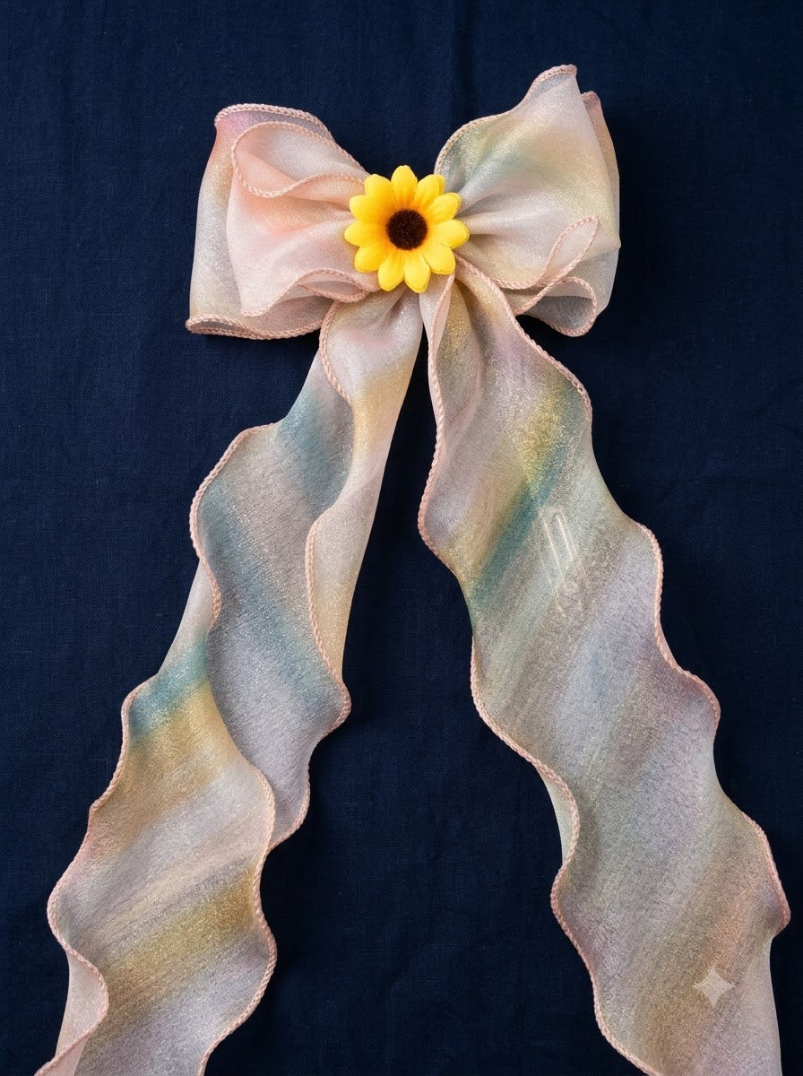 Pastel Rainbow Organza Bow Barrette with Sunflower