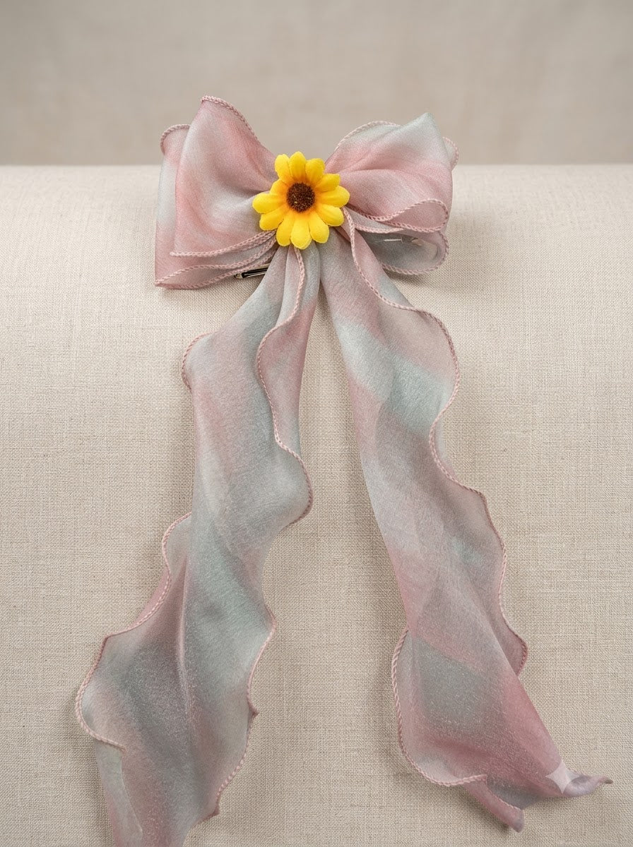 Pastel Rainbow Organza Bow Barrette with Sunflower