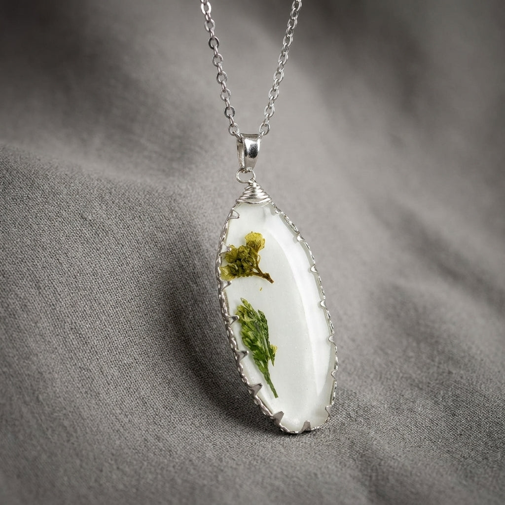 Green Herb Resin Oval Pendant Necklace – Silver Wire Wrap