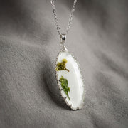 Green Herb Resin Oval Pendant Necklace – Silver Wire Wrap