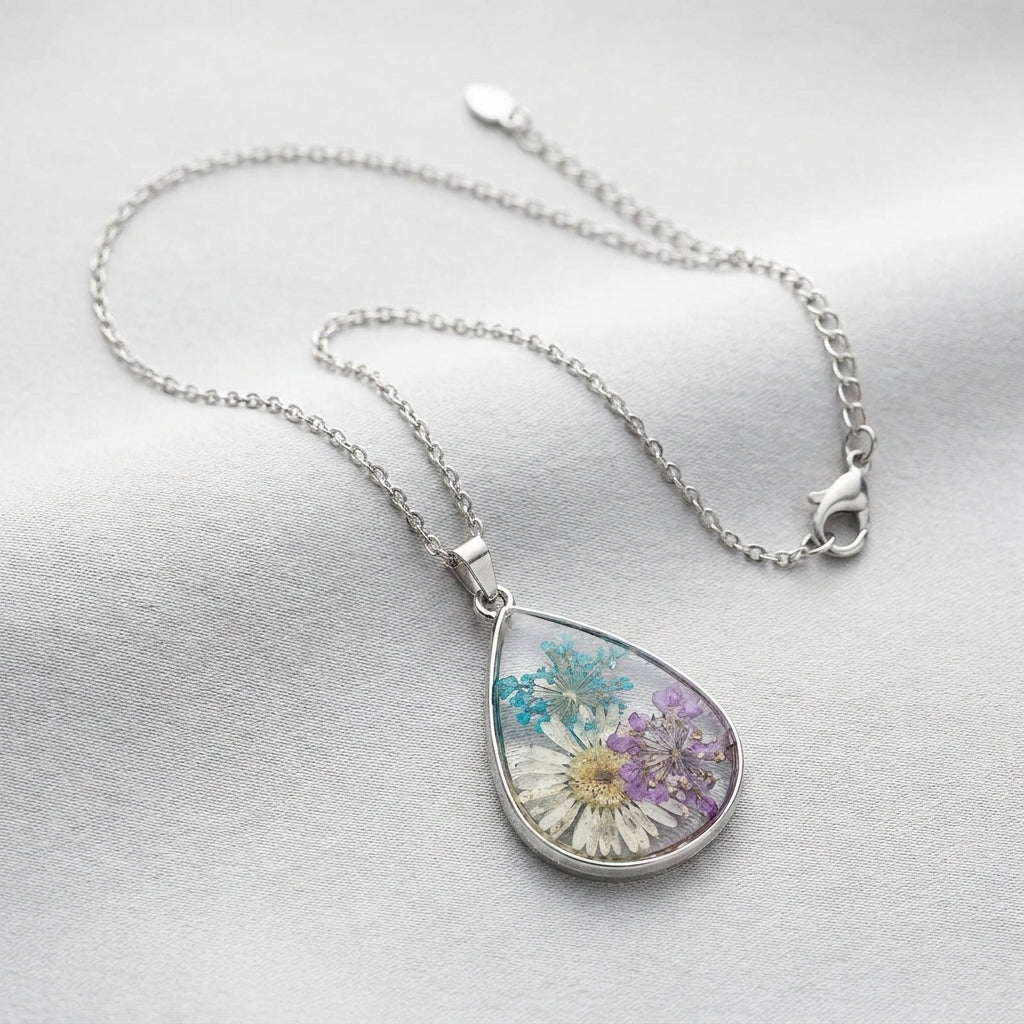 Wildflower Teardrop Resin Pendant Necklace – Silver Wire Wrap