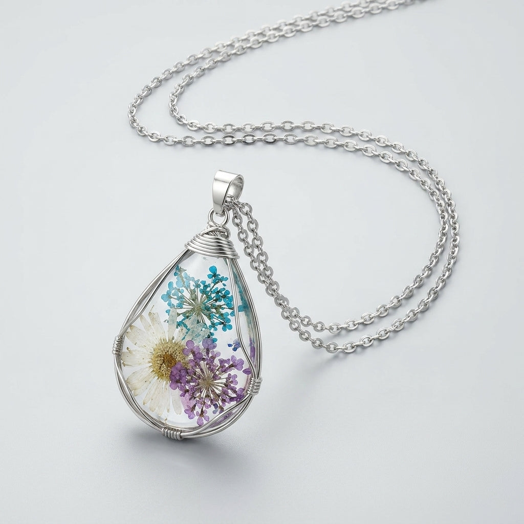 Teardrop clear resin pendant necklace with real dried white daisy, purple and teal florals in silver wire wrap cage on a double-strand silver chain