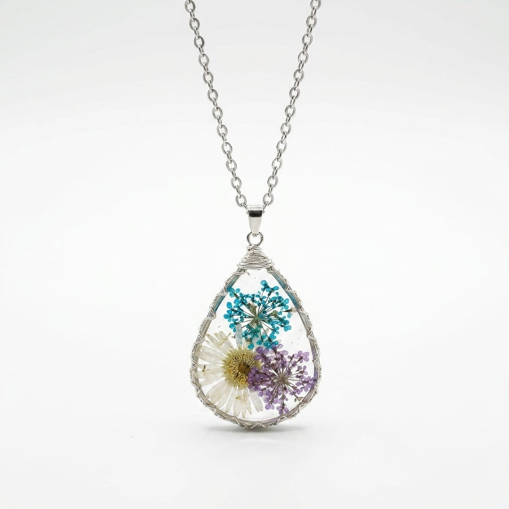 Wildflower Teardrop Resin Pendant Necklace – Silver Wire Wrap