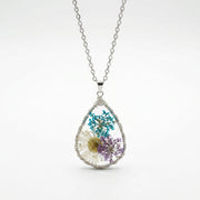 Wildflower Teardrop Resin Pendant Necklace – Silver Wire Wrap