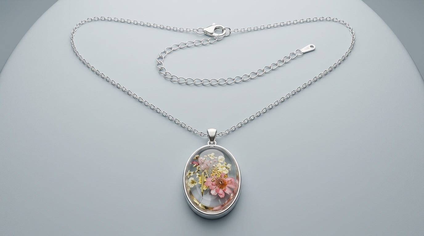 Dried Flower Resin Pendant Necklace – Silver Chain