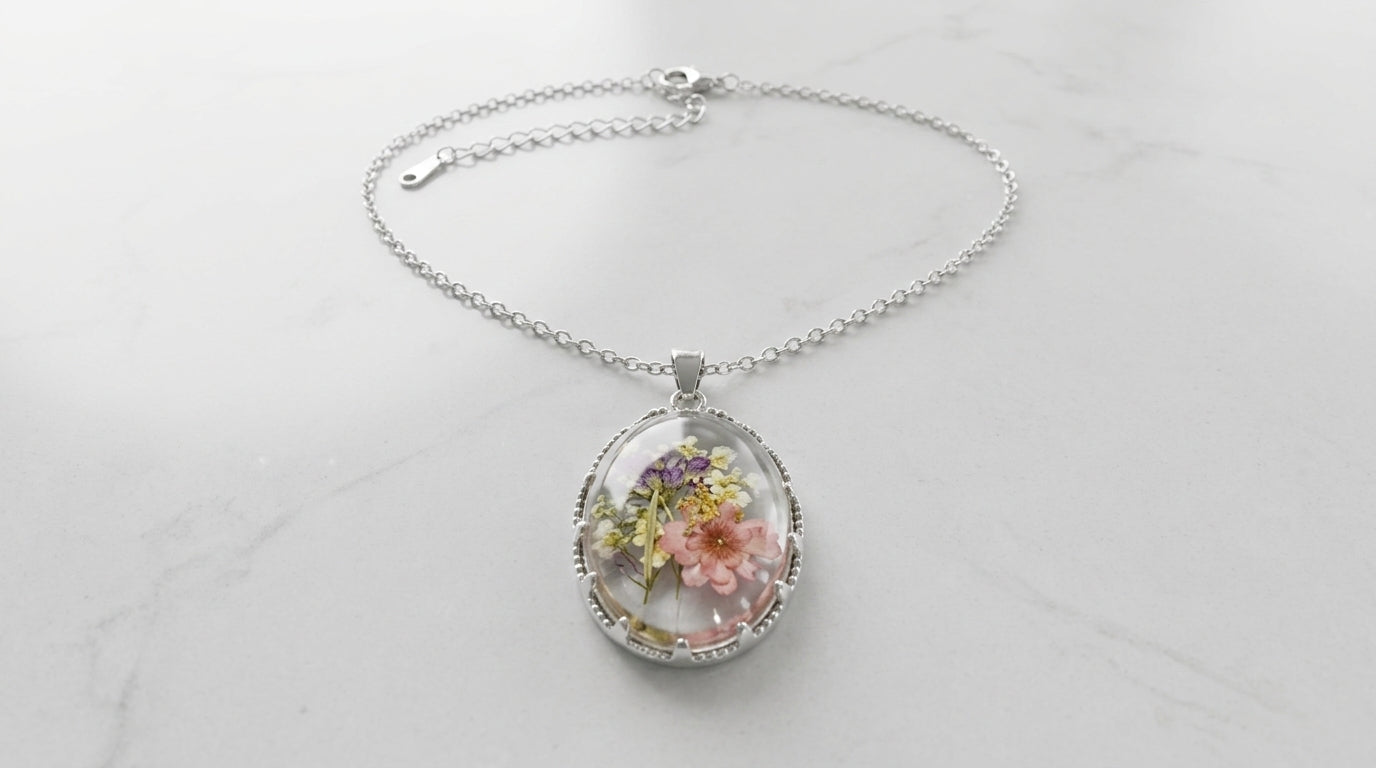 Dried Flower Resin Pendant Necklace – Silver Chain