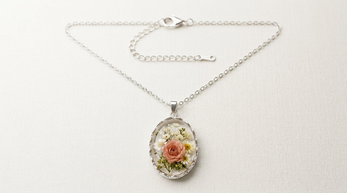 Dried Flower Resin Pendant Necklace – Silver Chain