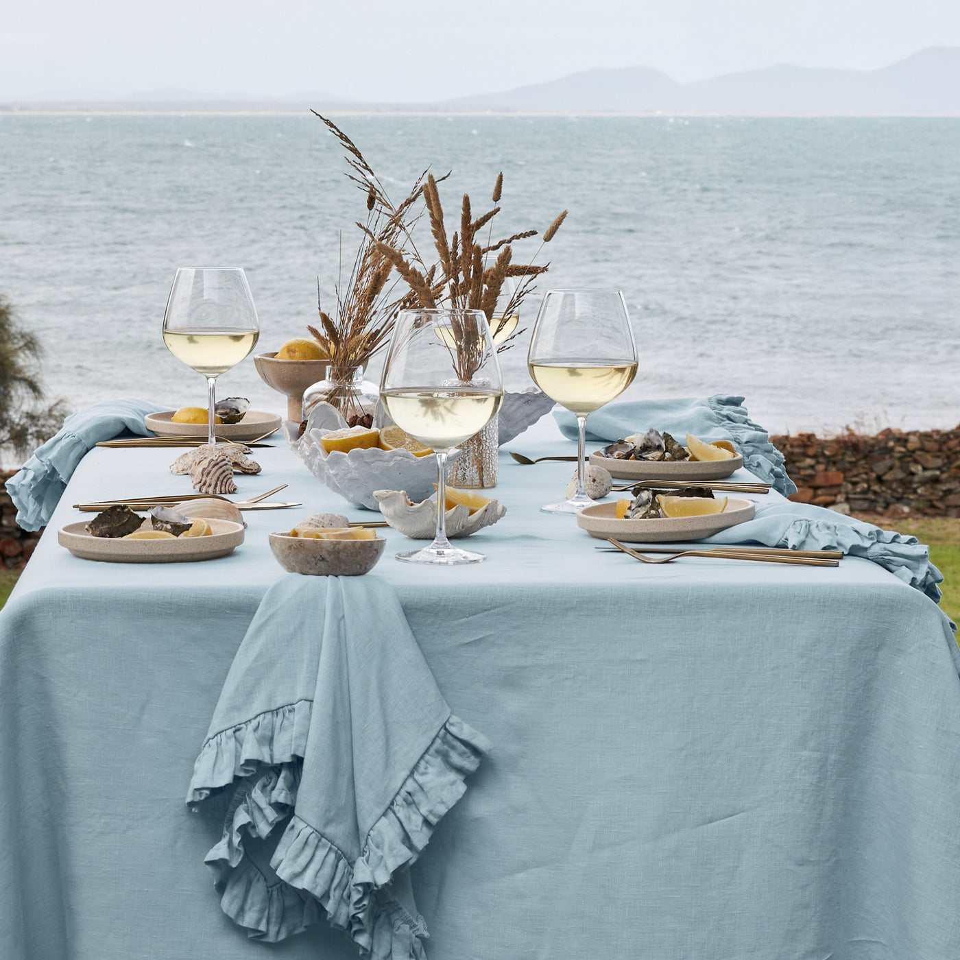 Dusty Blue Linen Napkin Set with Ruffles-1
