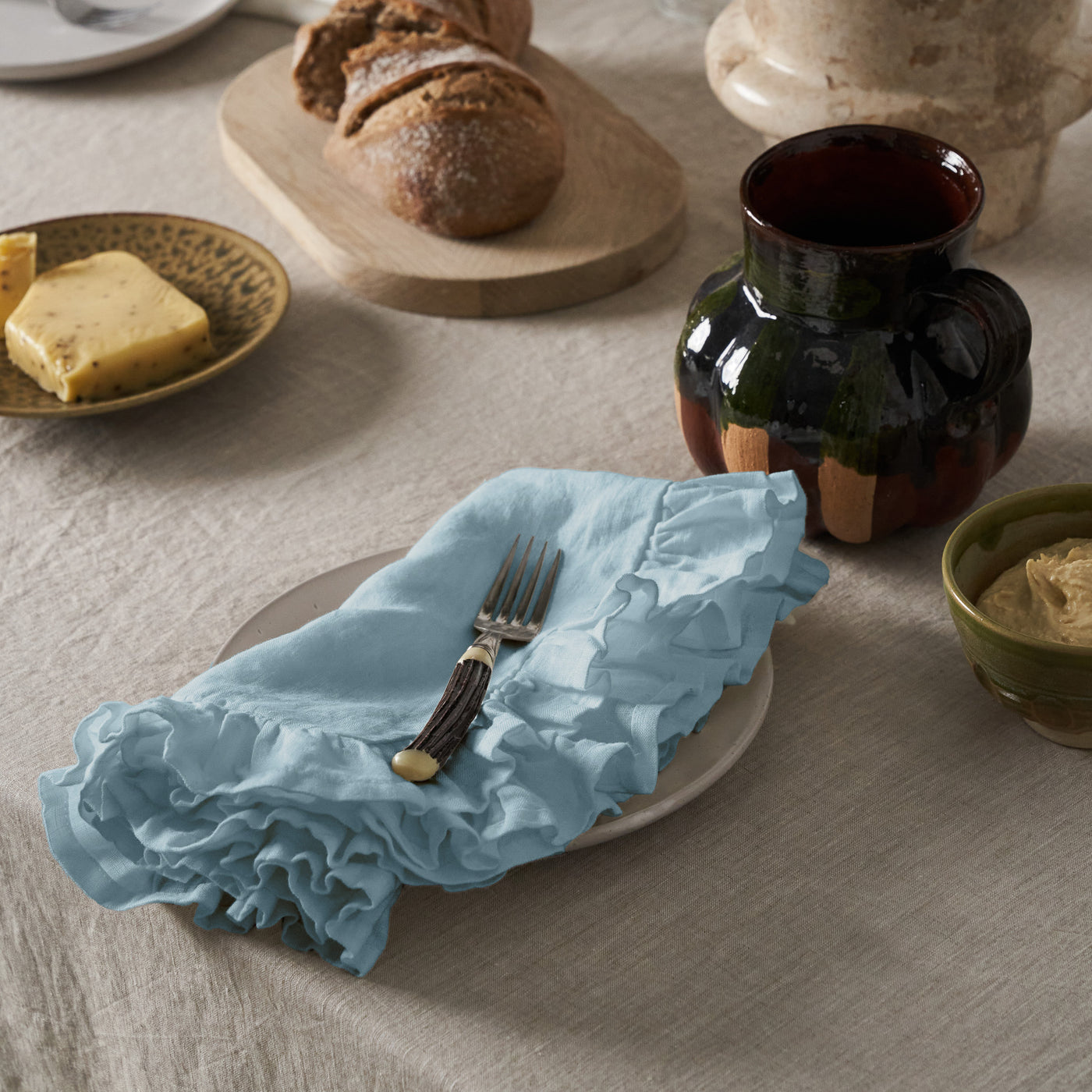 Dusty Blue Linen Napkin Set with Ruffles-4