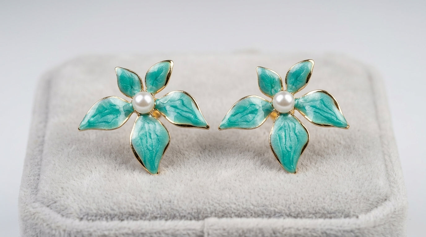 Teal Marbled Enamel Flower Stud Earrings with Pearl Centre – Gold Tone